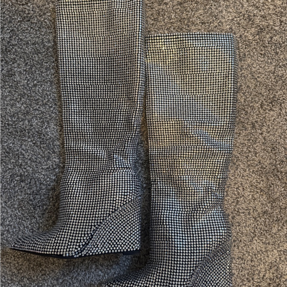 Rhinestones Tall Boots - Classic Black and White Design